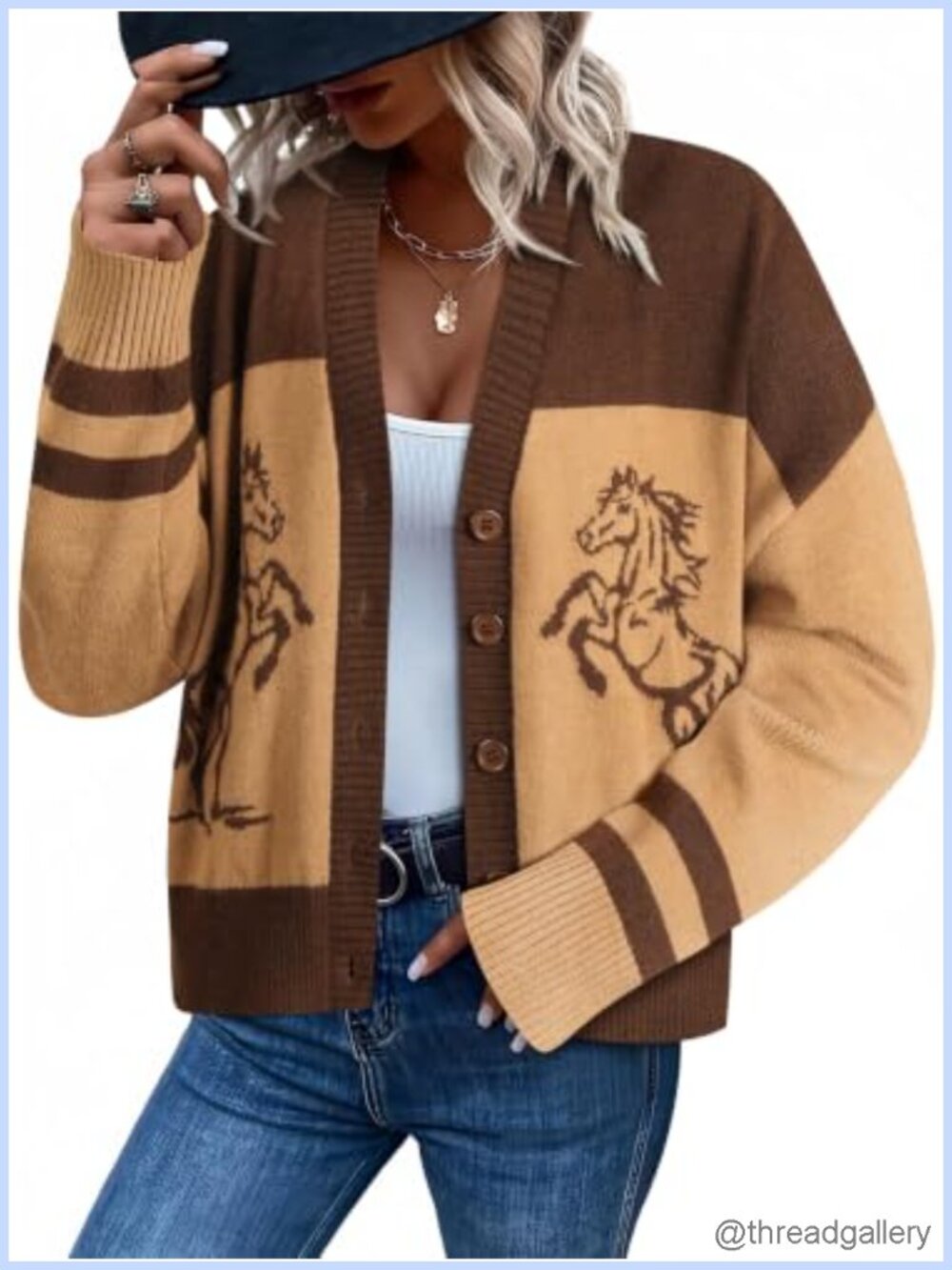Western Cowgirl Horse Graphic Cardigan Sweater Button V Neck Knit
